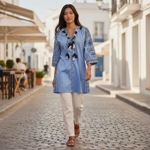 Gueanor Blue Embroidered Long Sleeve Tunic Dress
